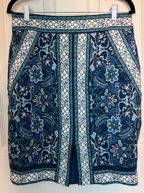 Ann Taylor LOFT Cotton Front Slit Stained Glass Pencil Skirt Size 6 Luxe Cobalt